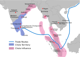 Chola empire at the height of its power 1100CE. Portions of the map in black are hard boundaries of the kingdom and areas in grey are kingdoms which paid them tributes. They Include kingdoms in the east-gangetic plains and the Srivijaya kingdom in present day Indonesia.