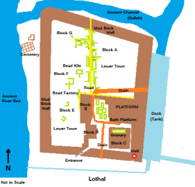 Layout of the Lothal city plan. Lothal is a port city belonging to the Harrappan civilization located in western India.