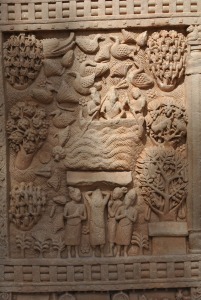 Even though Satavahana kings are known for the spread of Hinduism, a lot of evidence exists in the form of sculpture and temples that they promoted all forms of extant philosophies. Relief work on a Stupa at Sanchi, India showing Buddha walking on water, belonging to the Satavahana period.