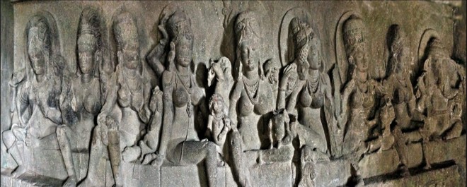 Sapta-Matrika (Seven mothers) bas relief sculpture at Ellora caves, Maharashtra,India. 6-9 CE
